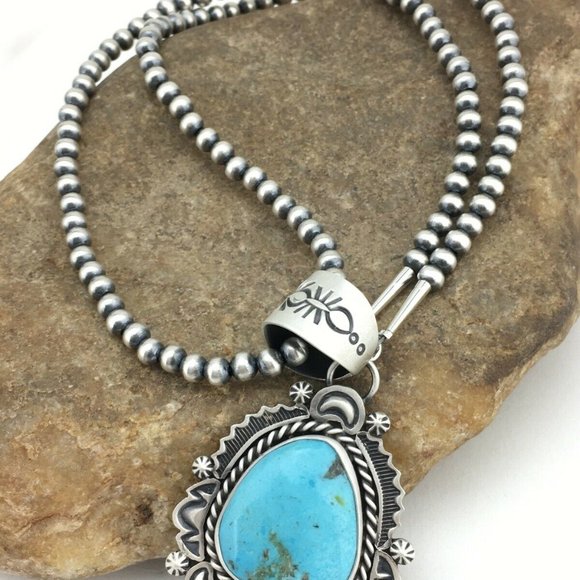 Navajo Sterling Silver Blue Necklace Pendant Ln 20 - Picture 4 of 12